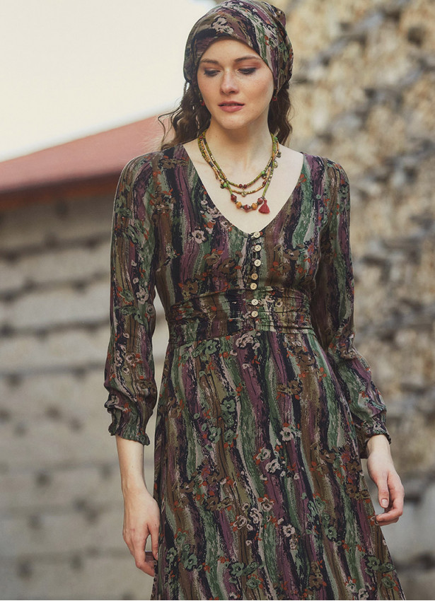 Boho Style Ruffle Sleeve Mink Patterned Dress
