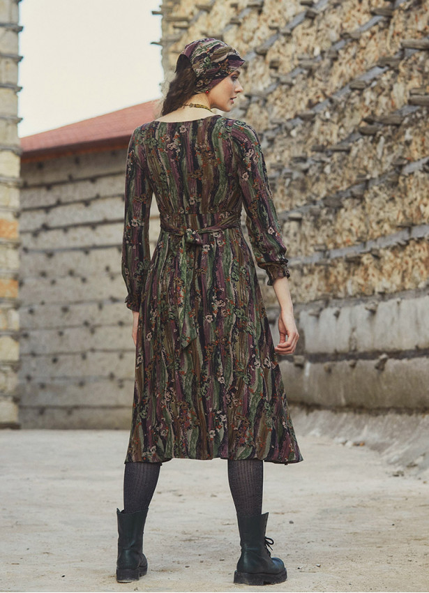 Boho Style Ruffle Sleeve Mink Patterned Dress