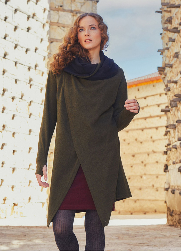 Thumb Hole Detail Bohemian Style Hooded Long Khaki Cardigan