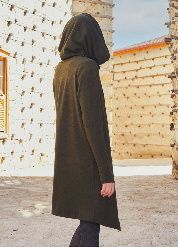 Thumb Hole Detail Bohemian Style Hooded Long Khaki Cardigan