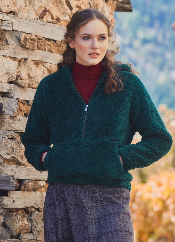 Kangaroo Pockets Hooded Green Plush  Pullover