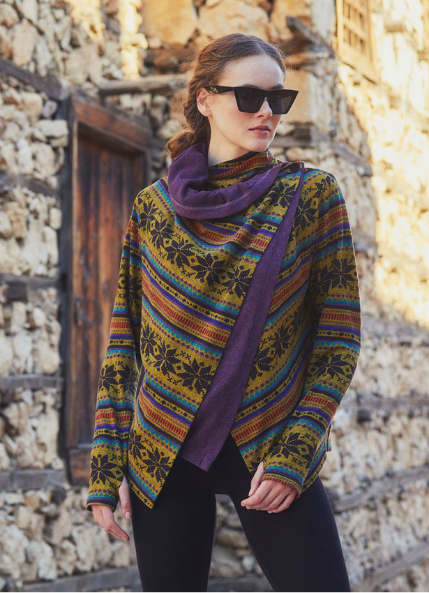 Boho Style Thumbhole Purple Rug Patterned Cardigan