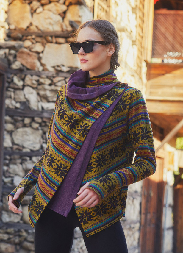 Boho Style Thumbhole Purple Rug Patterned Cardigan