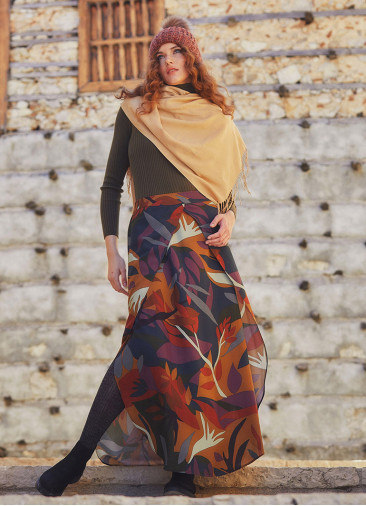 Easy Pull On Elastic Waist Printed Long Slit Skirt