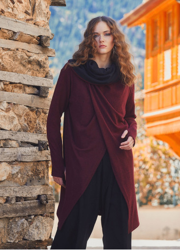 Hooded Collar Thumb Hole Detailed Maroon Cardigan