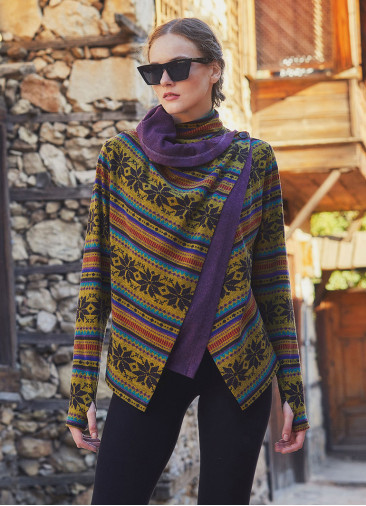 Boho Style Thumbhole Purple Rug Patterned Cardigan