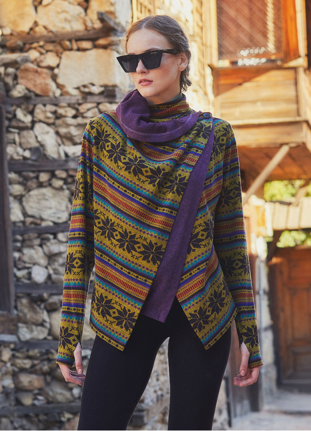Boho Style Thumbhole Purple Rug Patterned Cardigan