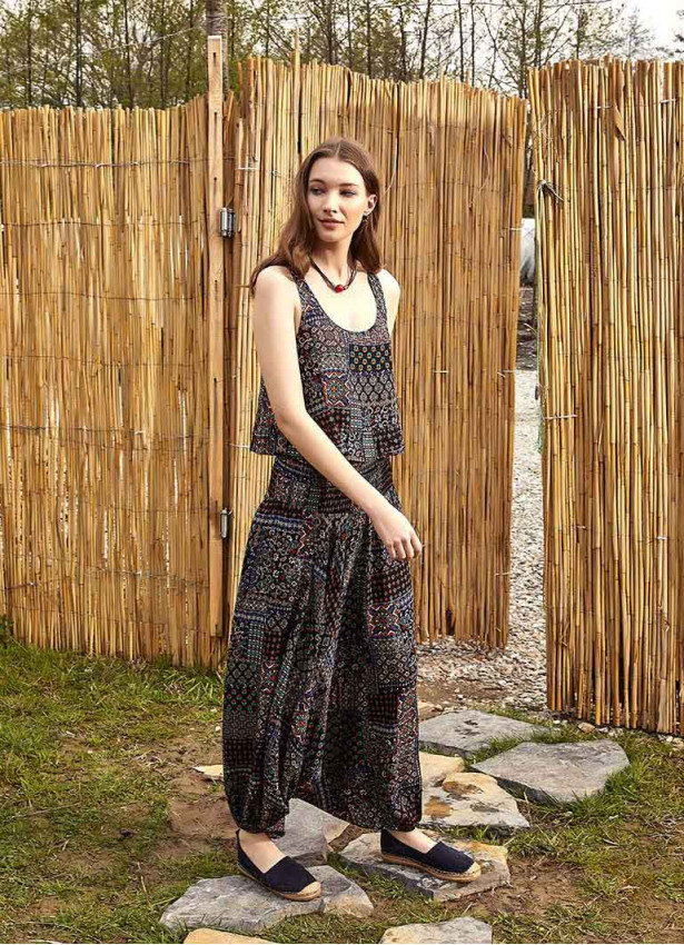 Ethnic Patterned Gipe Waist Detail Bohemian Shalwar Trousers