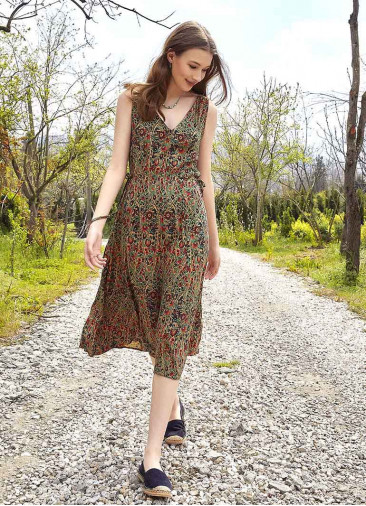 Authentic Green Patterned Boho Chic Summer Day Dress