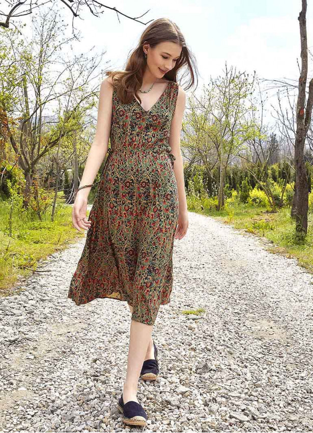 Authentic Green Patterned Boho Chic Summer Day Dress