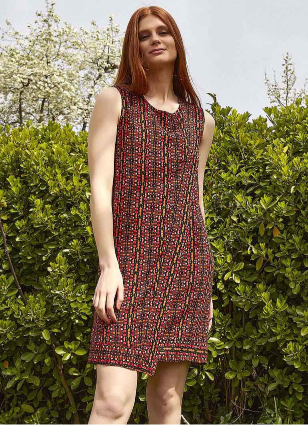 Front Layer Detailed Sleeveless Short Red Pattern Dress