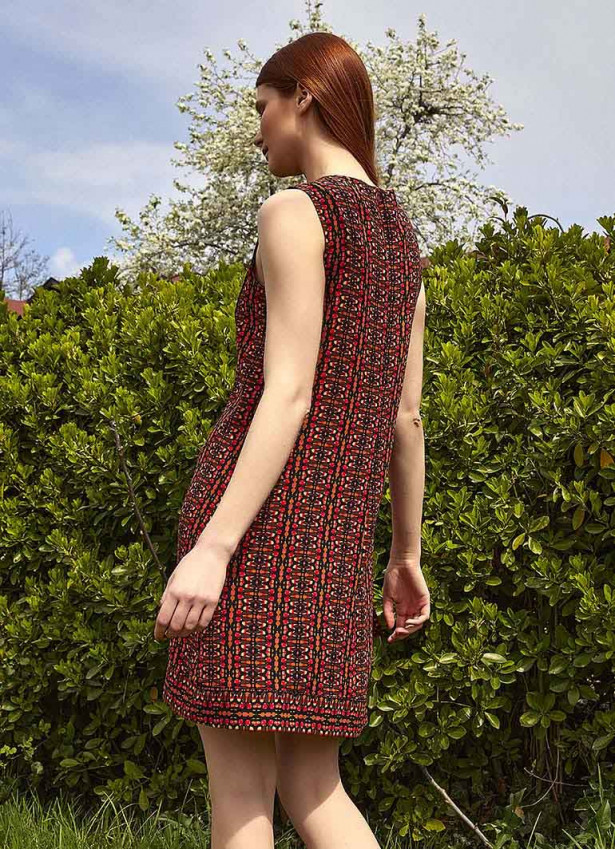 Front Layer Detailed Sleeveless Short Red Pattern Dress