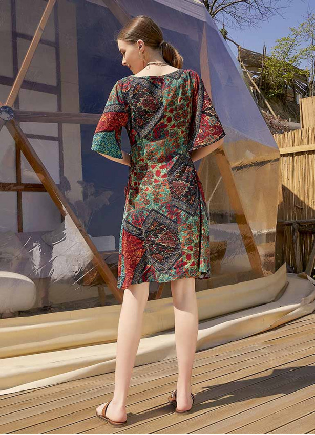 Black Printed Square Neck Boho Short Dress