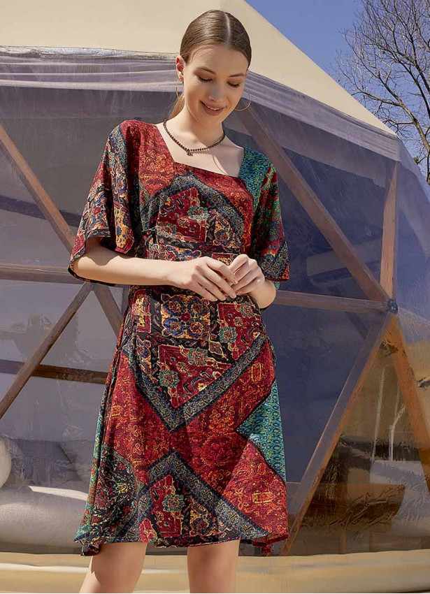 Black Printed Square Neck Boho Short Dress