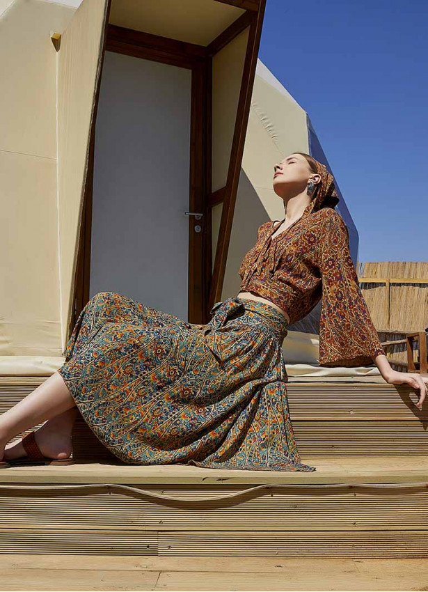 Petrol Pera Asymmetrical Hem Flowy Midi Skirt