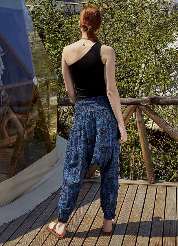 Boho Shirred Waist Drop Crotch Blue Patterned Harem Pants