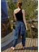 Boho Shirred Waist Drop Crotch Blue Patterned Harem Pants