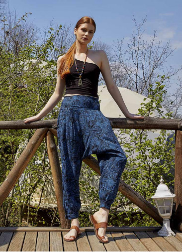 Boho Shirred Waist Drop Crotch Blue Patterned Harem Pants