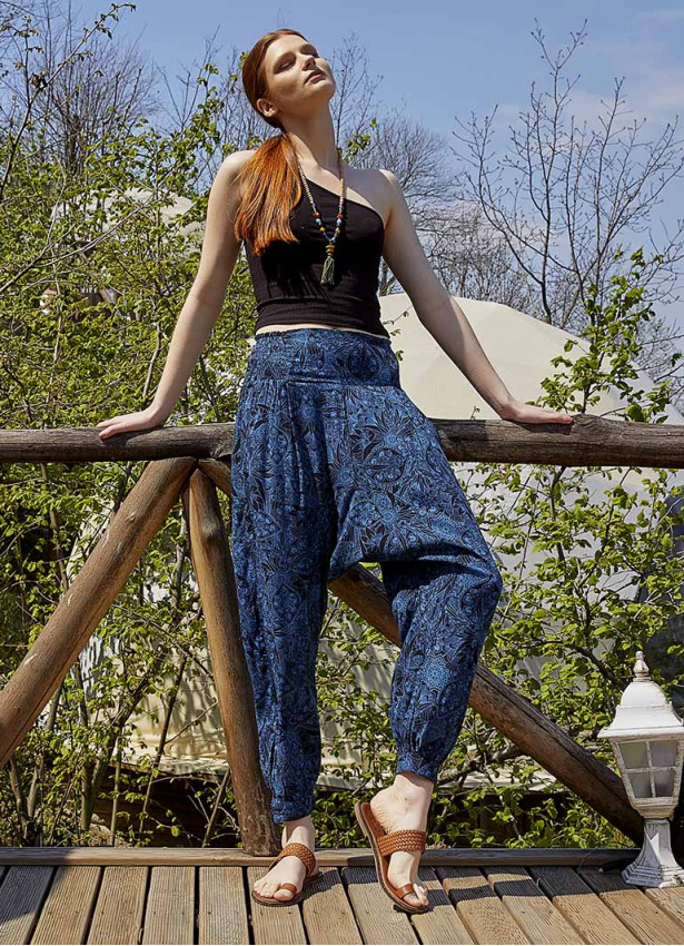 Boho Shirred Waist Drop Crotch Blue Patterned Harem Pants