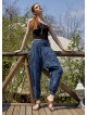 Boho Shirred Waist Drop Crotch Blue Patterned Harem Pants