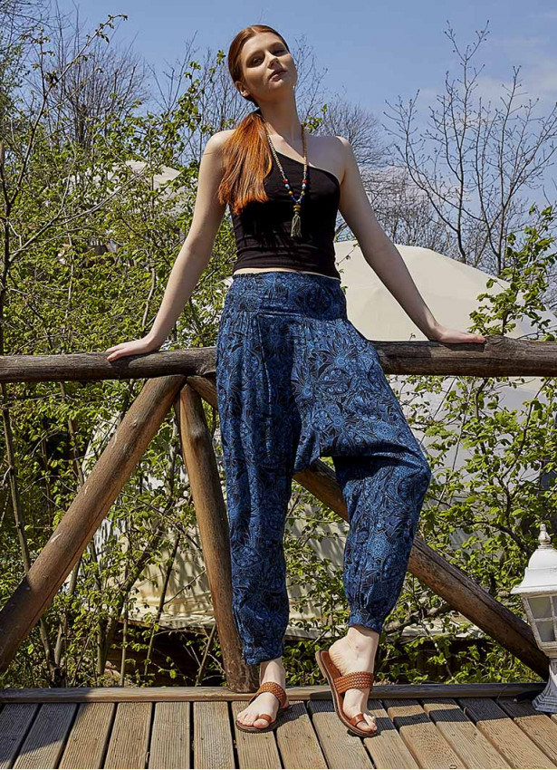 Boho Shirred Waist Drop Crotch Blue Patterned Harem Pants