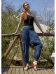 Boho Shirred Waist Drop Crotch Blue Patterned Harem Pants