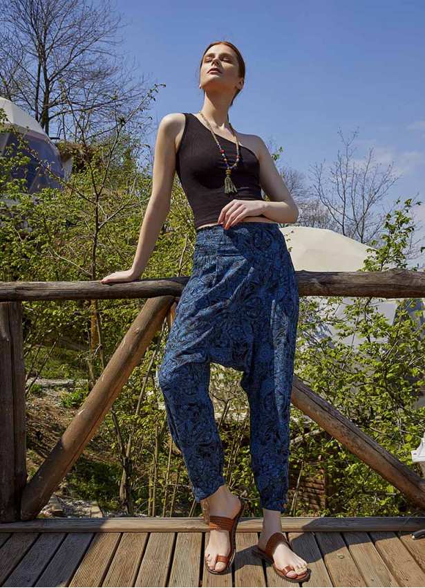 Boho Shirred Waist Drop Crotch Blue Patterned Harem Pants