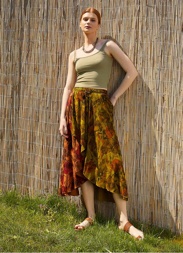 Ethnic Patterned Bohemian Khaki Loose Skirt
