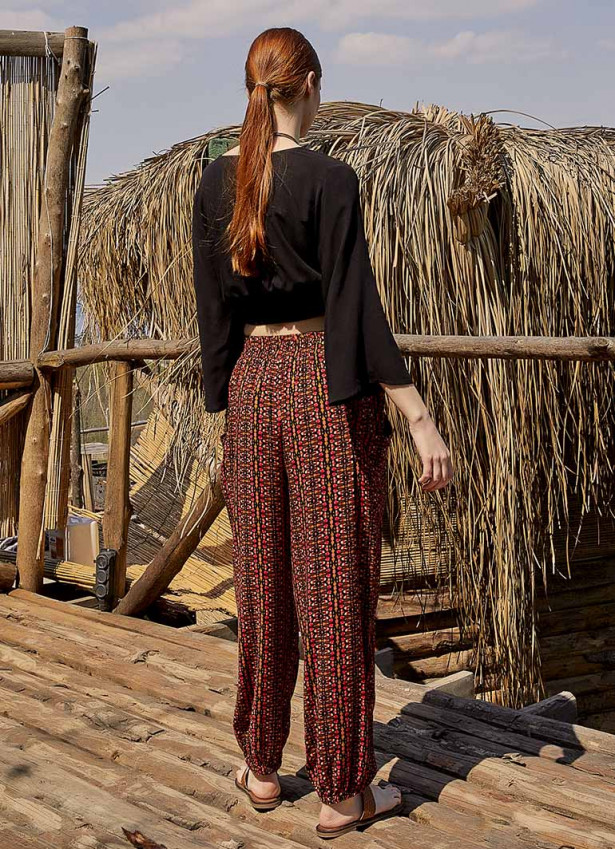 Orange Patterned Bohemian Style Flowy Baggy Trousers