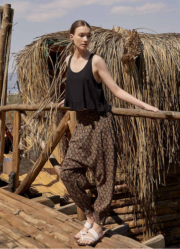Boho Shirred Waist Drop Crotch Brown Patterned Harem Pants