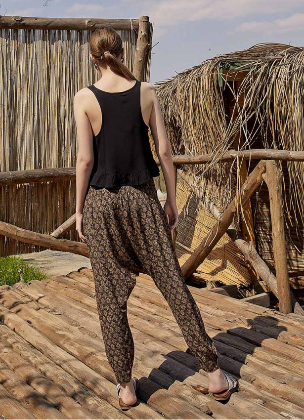 Boho Shirred Waist Drop Crotch Brown Patterned Harem Pants