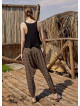 Boho Shirred Waist Drop Crotch Brown Patterned Harem Pants