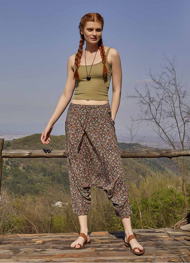 Orange Floral Patterned Elastic Waist Capri Harem Pants