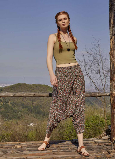 Orange Floral Patterned Elastic Waist Capri Harem Pants