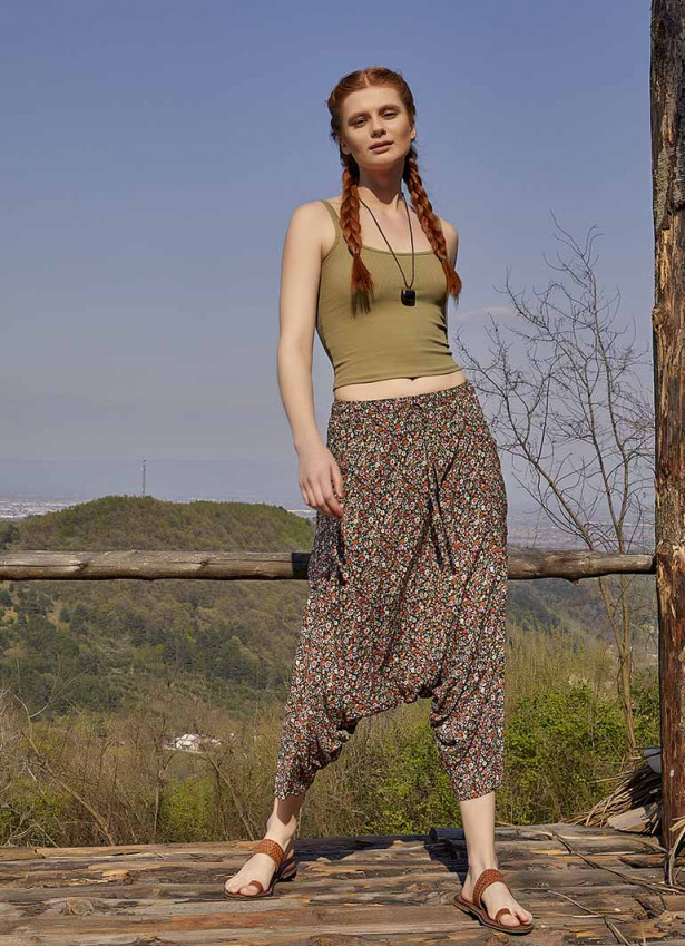 Orange Floral Patterned Elastic Waist Capri Harem Pants