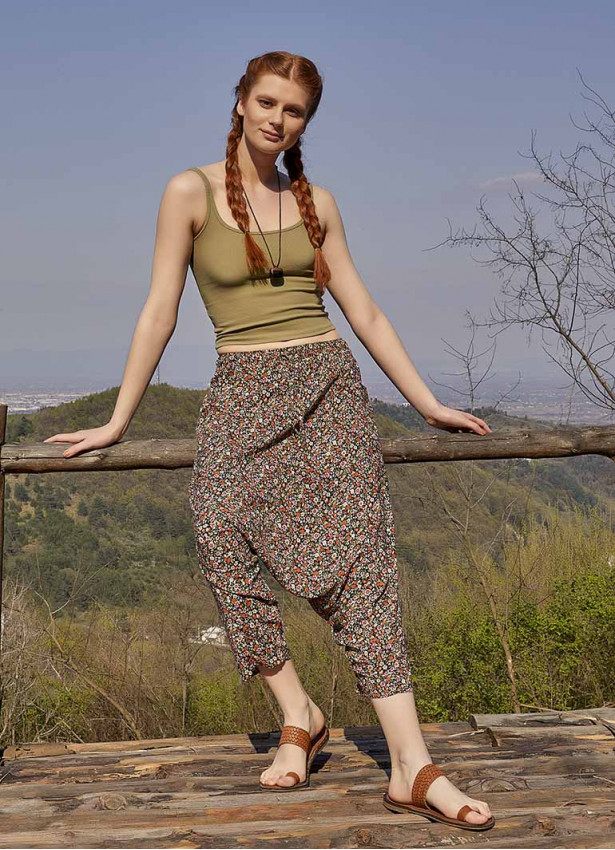 Orange Floral Patterned Elastic Waist Capri Harem Pants