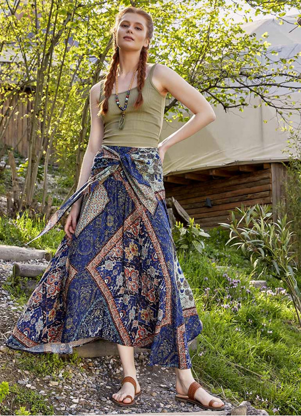 Blue Patterned Loose Asymmetric Skirt