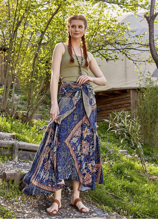 Blue Patterned Loose Asymmetric Skirt