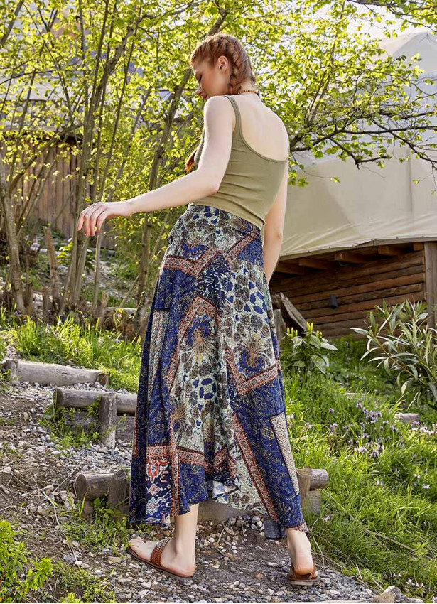 Blue Patterned Loose Asymmetric Skirt