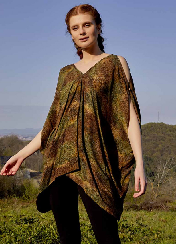 Boat Neck Loose Open Shoulder Khaki Patterned Blouse