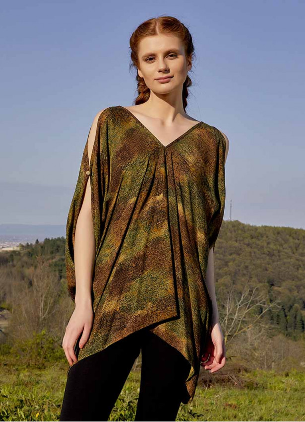Boat Neck Loose Open Shoulder Khaki Patterned Blouse