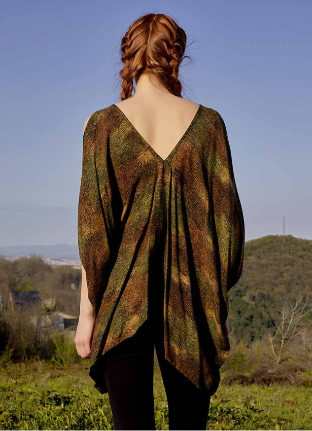 Boat Neck Loose Open Shoulder Khaki Patterned Blouse