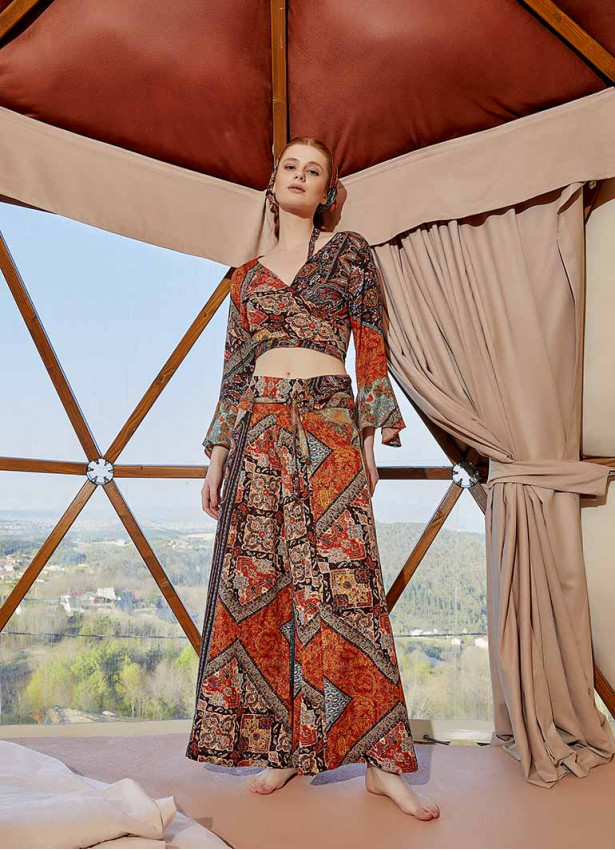 Printed Tie Waist Wide Leg Cotton Pants