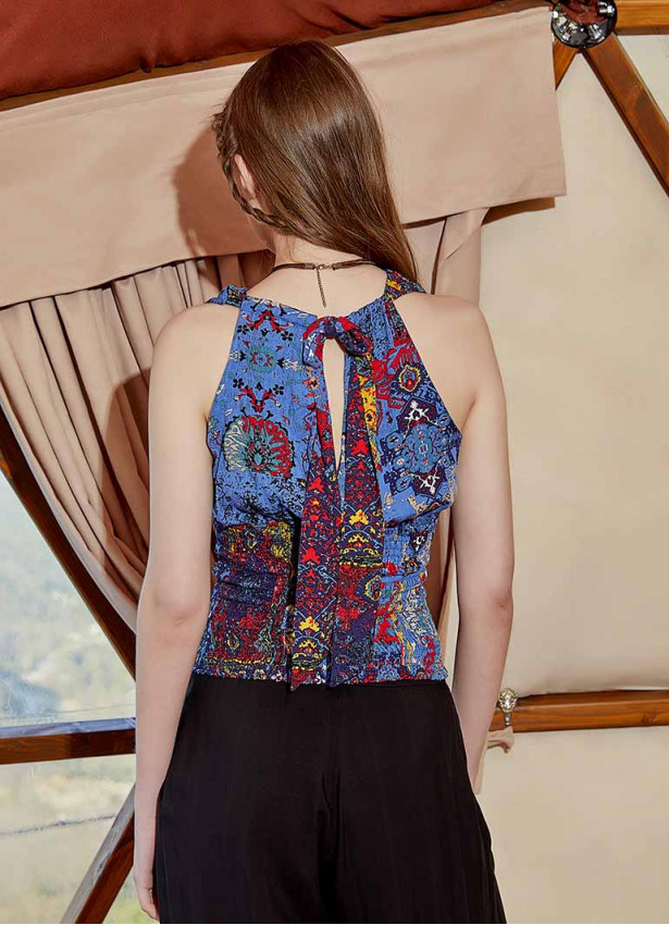 Collared Authentic Indigo Patterned Blouse