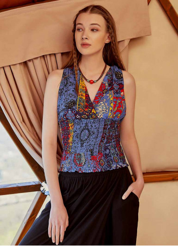 Collared Authentic Indigo Patterned Blouse