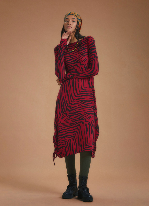 Boat Neck Thumb Hole Side Strings Red Pattern Dress