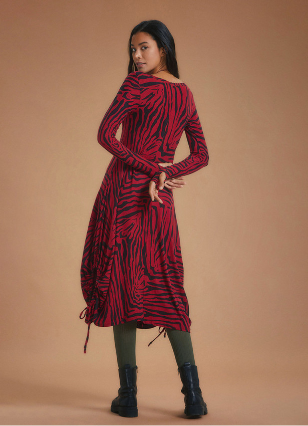 Boat Neck Thumb Hole Side Strings Red Pattern Dress