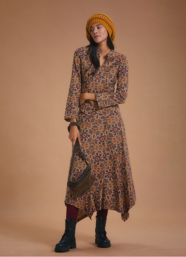 Authentic Print Asymmetrical Hem Cotton Midi Skirt