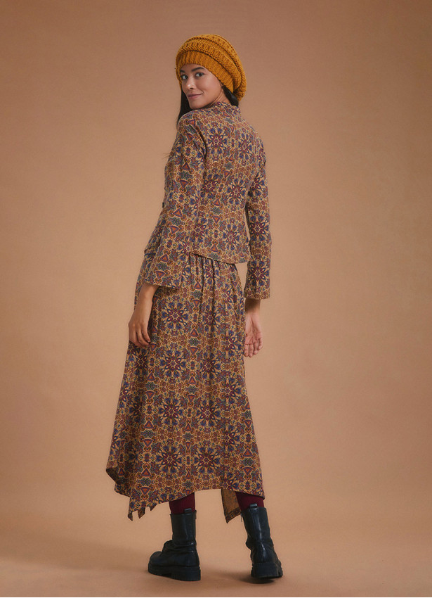 Authentic Print Asymmetrical Hem Cotton Midi Skirt