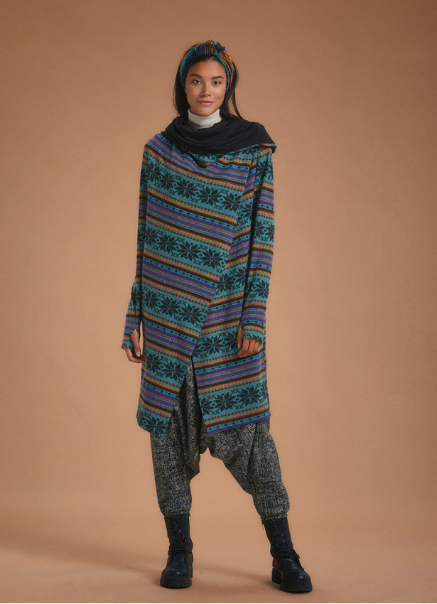 Hooded Collar Thumb Hole Detailed Pattern Cardigan